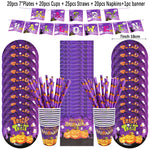 Halloween Disposable Tableware Horror Pumpkin Ghost Purple Plates Napkins Cups Tablecloth Halloween Party Home Decor Supplies