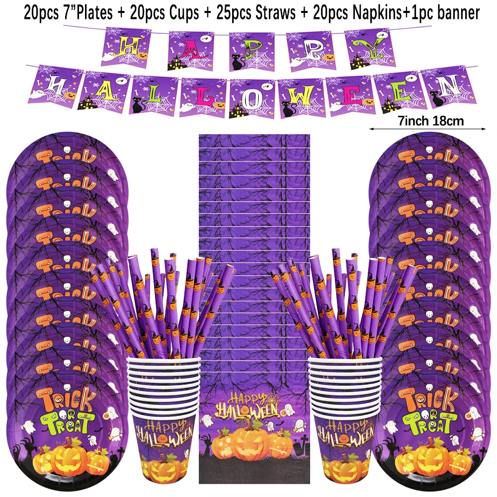 Halloween Disposable Tableware Horror Pumpkin Ghost Purple Plates Napkins Cups Tablecloth Halloween Party Home Decor Supplies