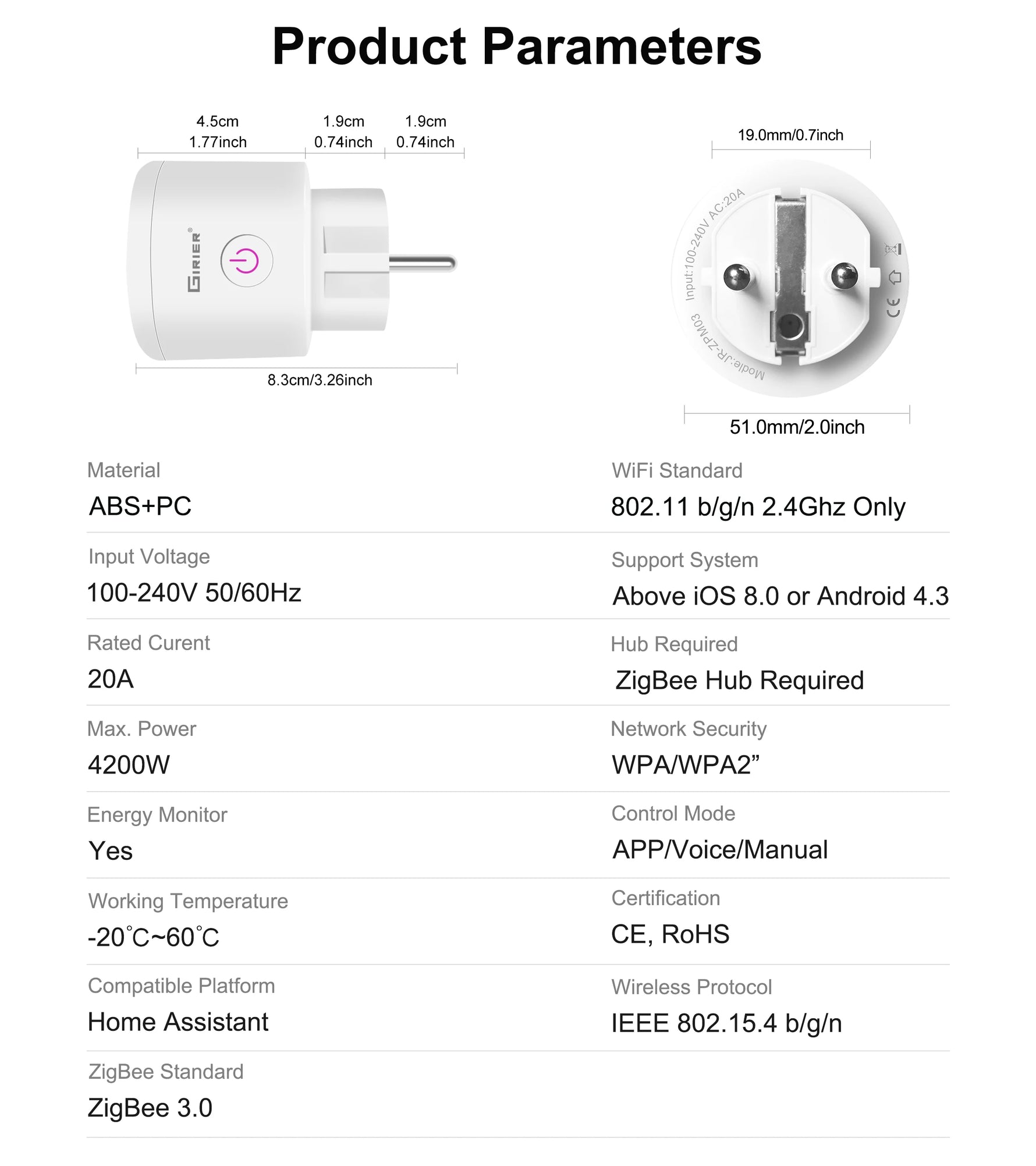 GIRIER Smart Plug ZigBee 20A Smart Home Outlet Socket EU 4200W with Power Monitor Function Supports Alexa Google Home Assistant