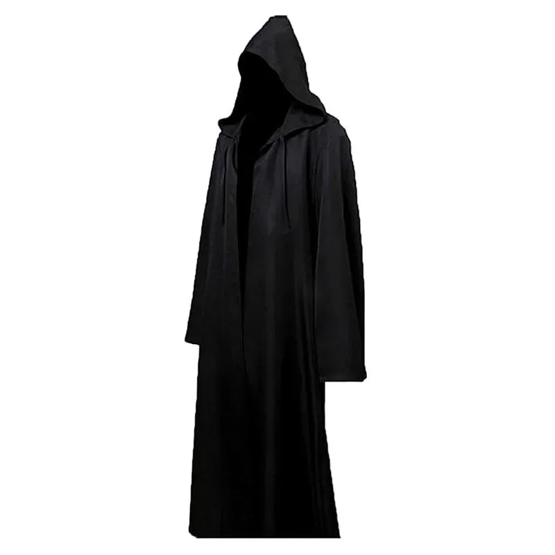 Halloween Medieval Black Robe Cloak Costume Adult Priest Cosplay Hooded Costume and Scary Spooky Loose Cloak for Kids Ladies