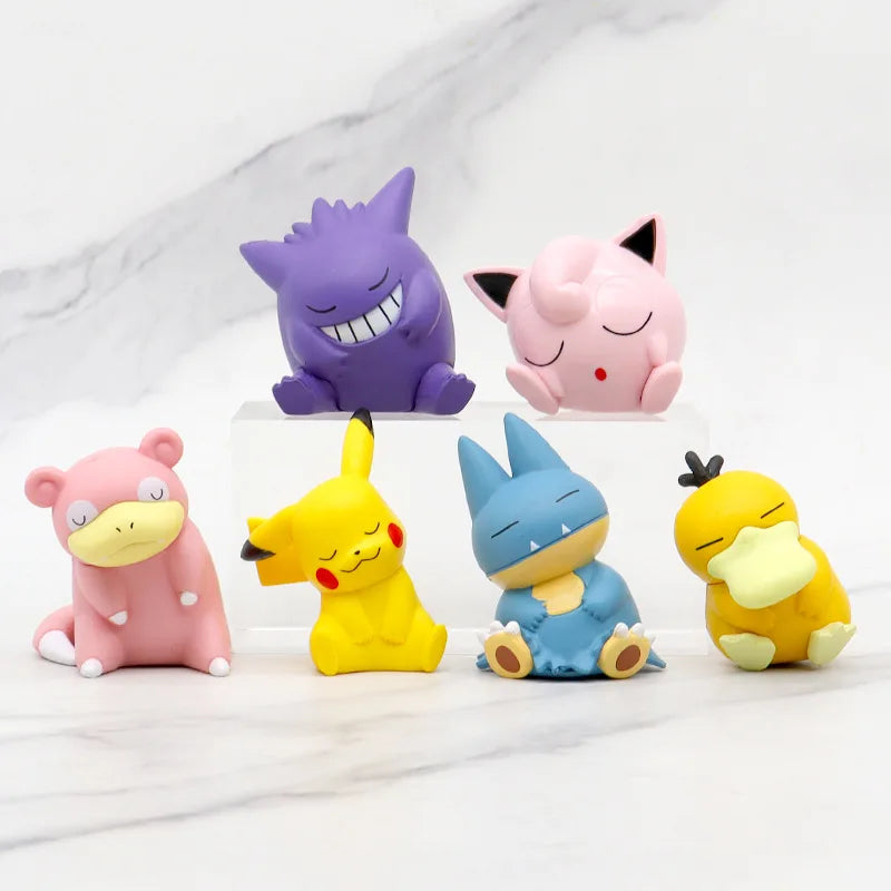 Pokemon 6pcs/set Pikachu Psyduck Gengar Jigglypuff Gonbe Slowpoke Shoulder To Shoulder Sleep Cute Model Doll Action Figure Toys