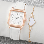 2/4PCS Fashion Square Women's Watch Leather Band Quartz Watches Heart Bracelet Set（Without Box）