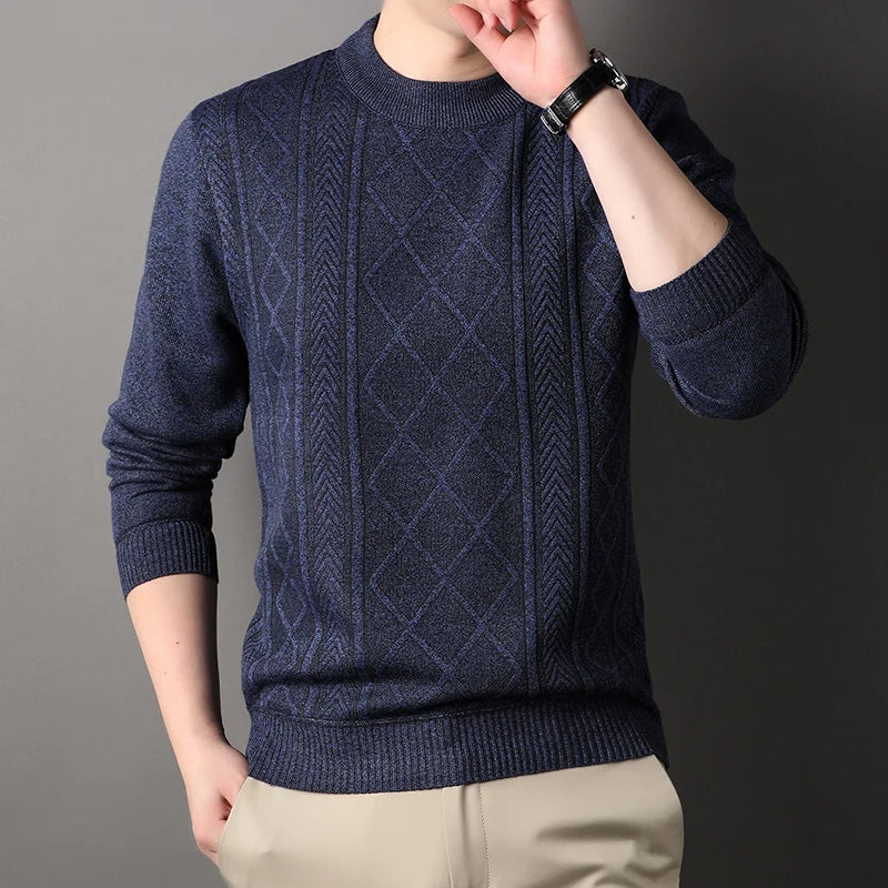Autumn Winter Men's Fleece Knit Pullovers Solid Color O-Neck Warm Knitted Sweater Men Fashion Smart Casual Pullover Sweaters