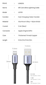 UGREEN MFi USB Cable for iPhone 14 13 12 Pro Max 2.4A Fast Charging Lightning Cable for iPad Mini Phone Data Cable