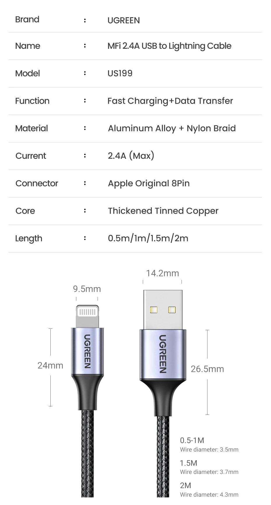 UGREEN MFi USB Cable for iPhone 14 13 12 Pro Max 2.4A Fast Charging Lightning Cable for iPad Mini Phone Data Cable
