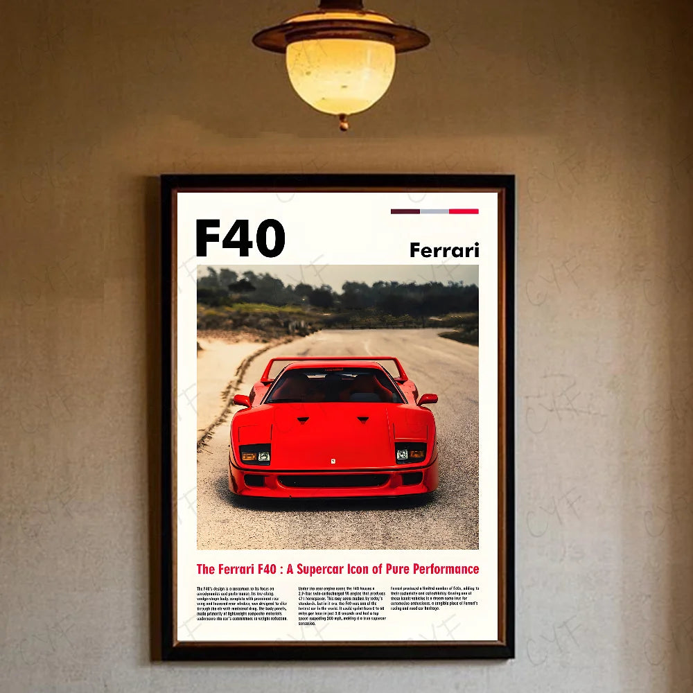 Luxury Classic Retro Red Super Sports Car F40 Art High-quality Printed Posters Homeliving room Wall Art Garage Room Decor