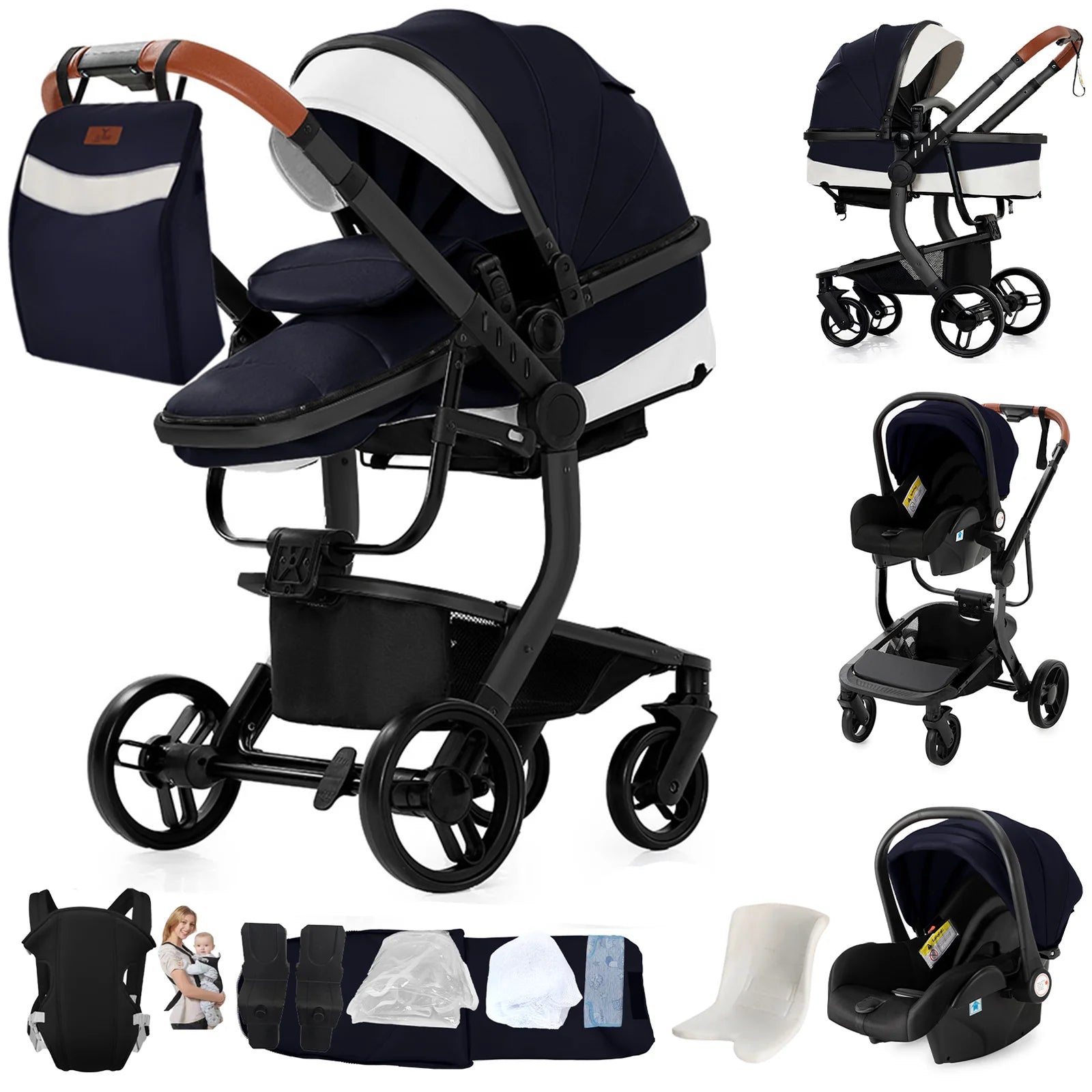 Ultimate 3-in-1 Lightweight Baby Stroller Travel System Convertible Pram & Carriage with PU Wheels for All-Terrain, Compact Fold