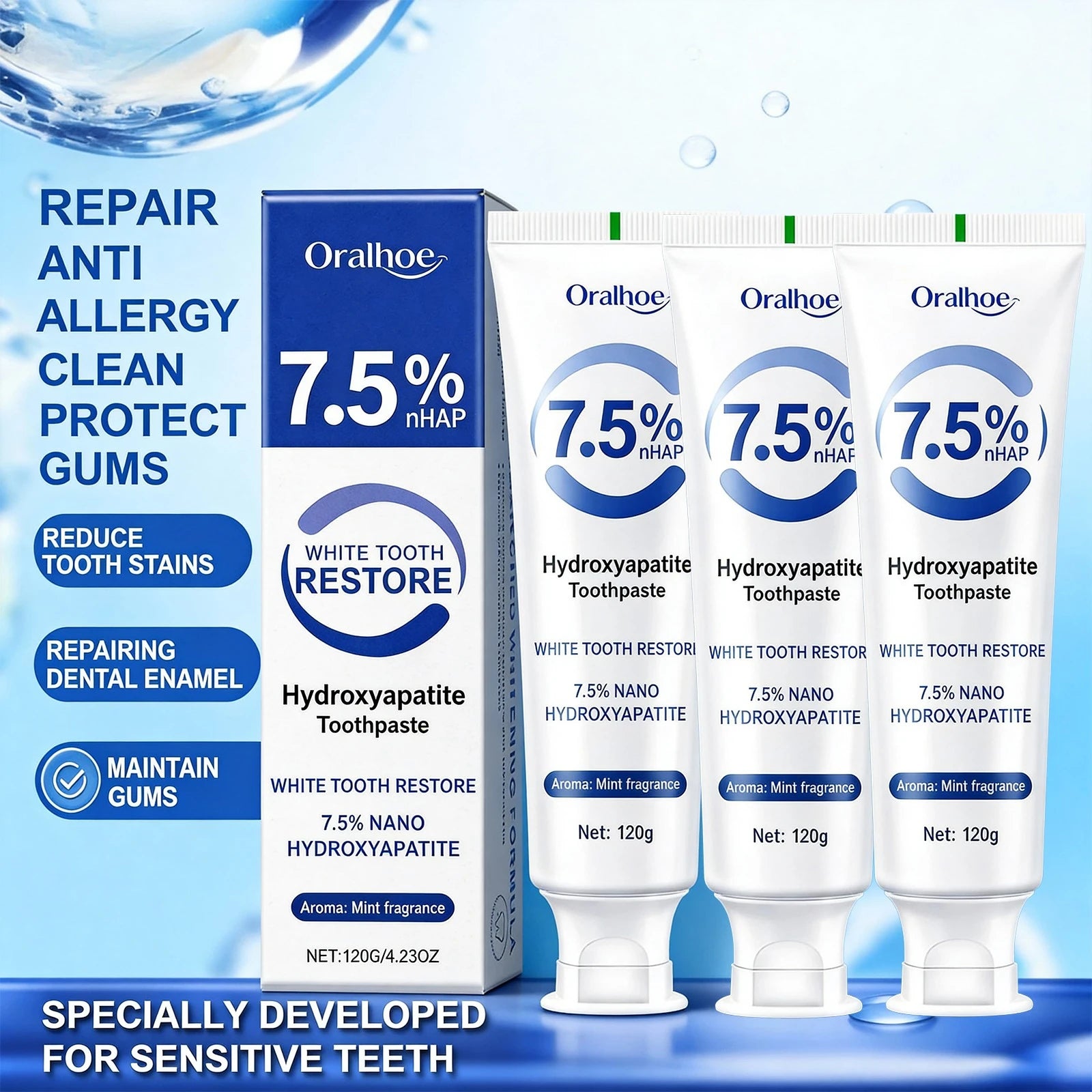 7.5% Hydroxyapatite Toothpaste for Enamel Protection with Gentle Mint, for Sensitive Teeth and Long-Lasting Fresh Breath