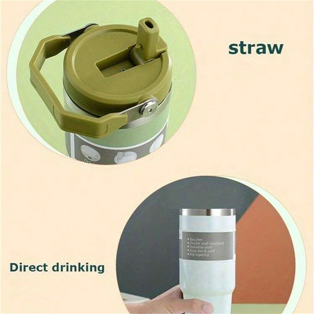 1pc Vacuum Tumbler with Lid Stainless Steel Portable Water Bottle with Dazzling Handle Insulated Tumbler Tote Handle 20/30OZ