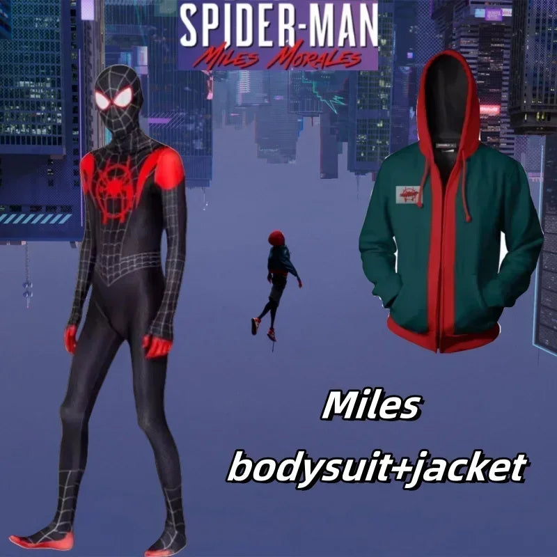 Superhero Spiderman Miles Morales Cosplay Costume Adult Kids Spider Man Halloween Jumpsuit Bodysuit Coat Party Dress Up Gift