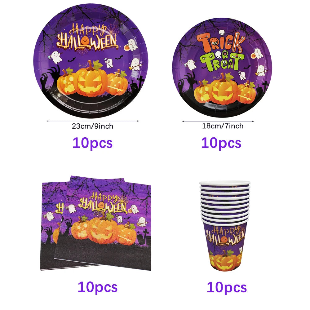Halloween Disposable Tableware Horror Pumpkin Ghost Purple Plates Napkins Cups Tablecloth Halloween Party Home Decor Supplies