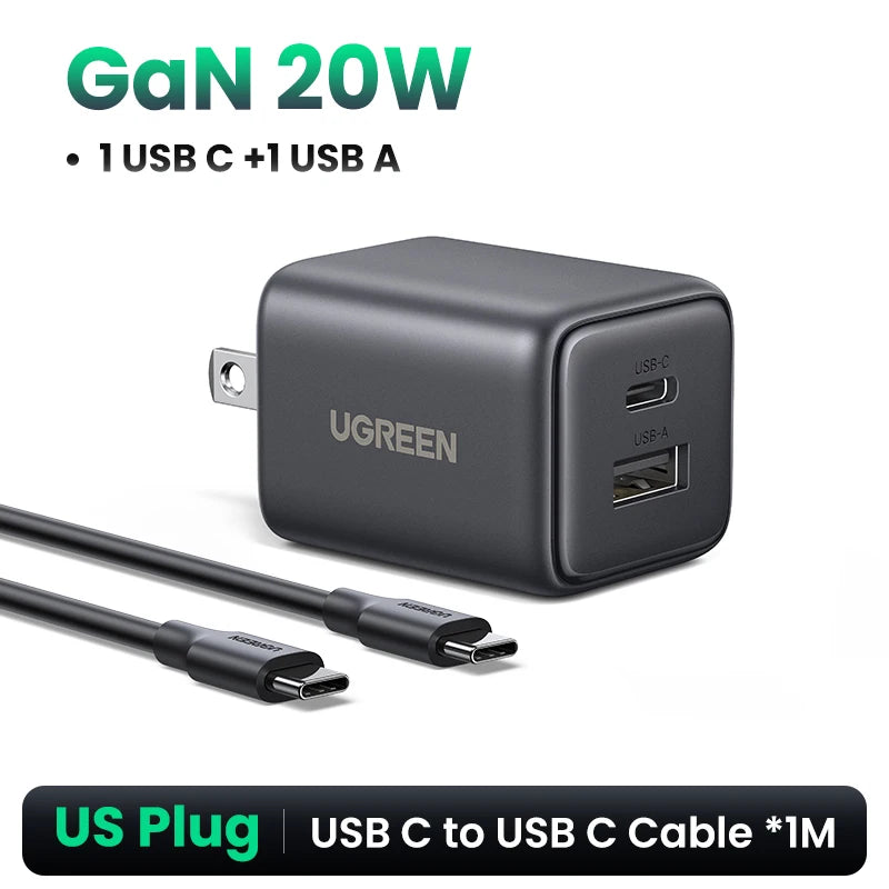 UGREEN 20W GaN Charger PD3.0 QC3.0 Mini USB C Phone Charger For iPhone 17 16 15 Pro Max Samsung S25 Xiaomi Tablet iPad Air Pro