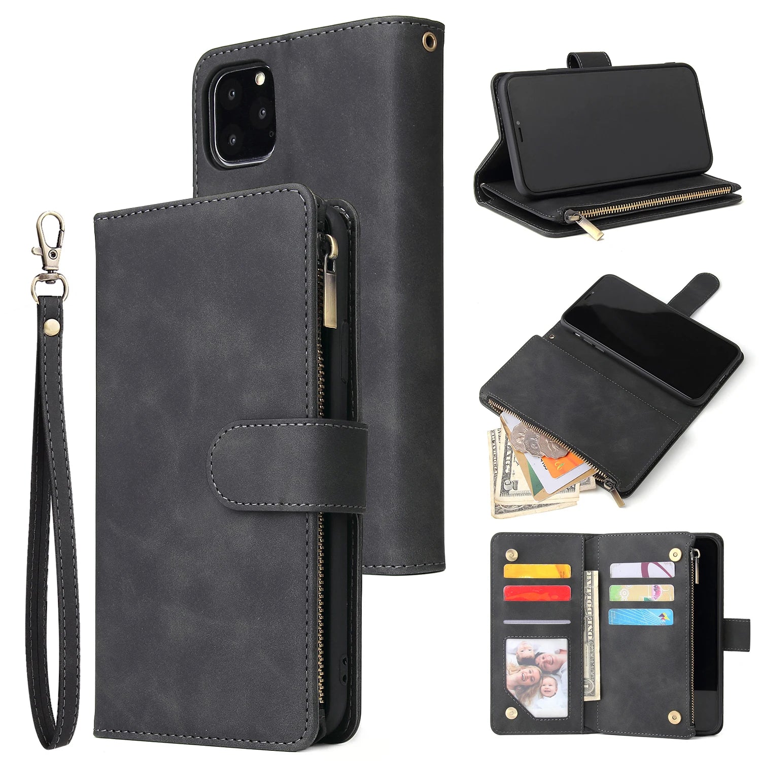 Premium Leather Wallet Case For iPhone 16 15 14 13 12 11 17 Pro Max Plus 17Air 16e Zipper Wallet Card Slots Magnetic Flip Cover