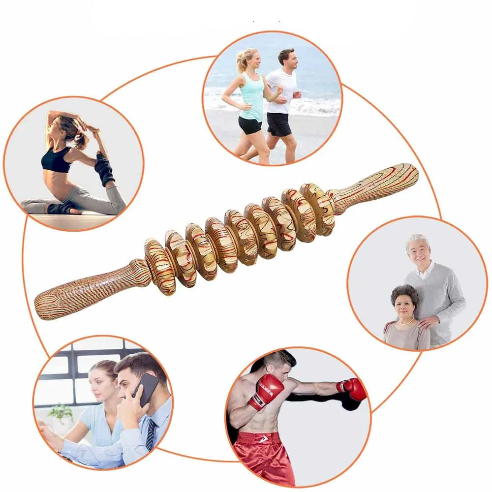 9 Rollers Wooden Handheld Massager Roller Stick for Trigger Point, Anti-Cellulite, Body Muscle Pain Relief
