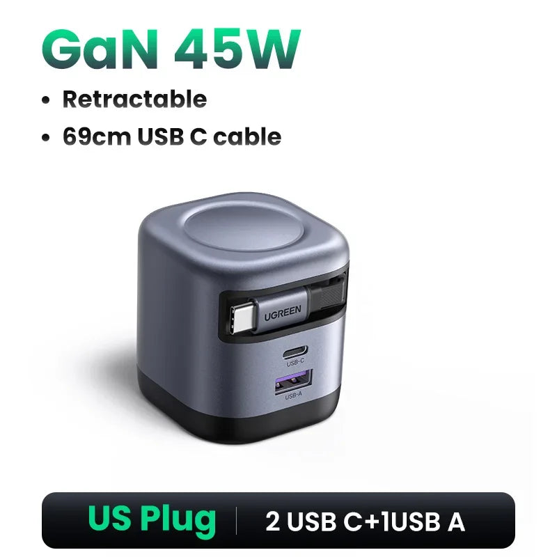 UGREEN 65W GaN Charger With Retractable USB C Cable For iPhone 17 16 Pro Samsung Xiaomi Laptop Macbook Tablet PD Fast Charger