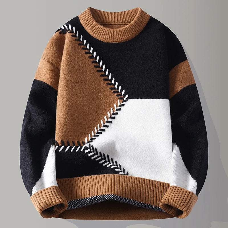 Autumn Winter Youthful Vitality Pullovers Men Fashion Patchwork O-Neck Knitted Sweater Mens Loose Warm Casual Chic Knit Sweaters
