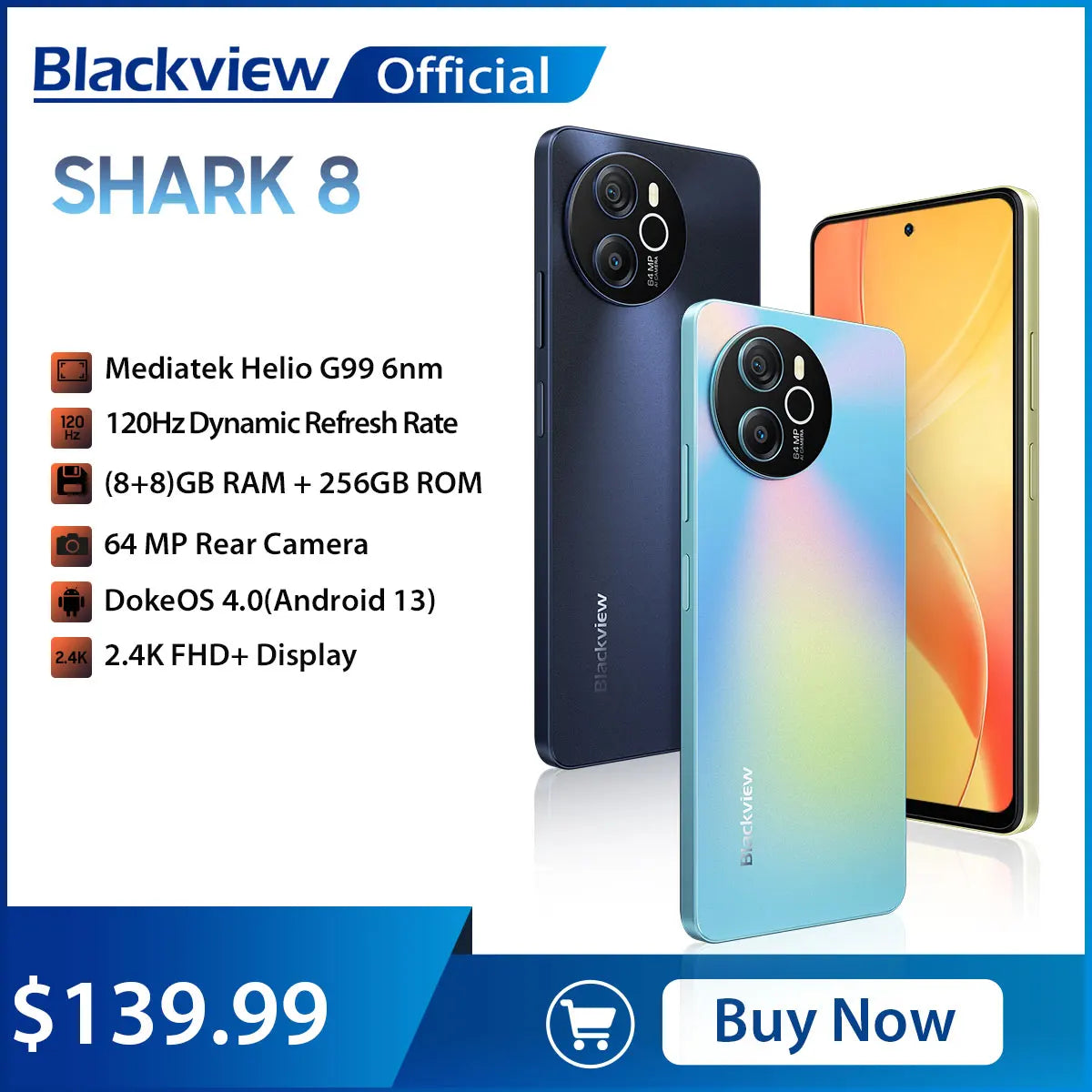 Blackview SHARK 8 Smartphone Android13 G99 Mobile Phone 6.78'' 120Hz 2.4K Display 16 (8+8) GB RAM 256GB ROM 64MP Cameras Phones