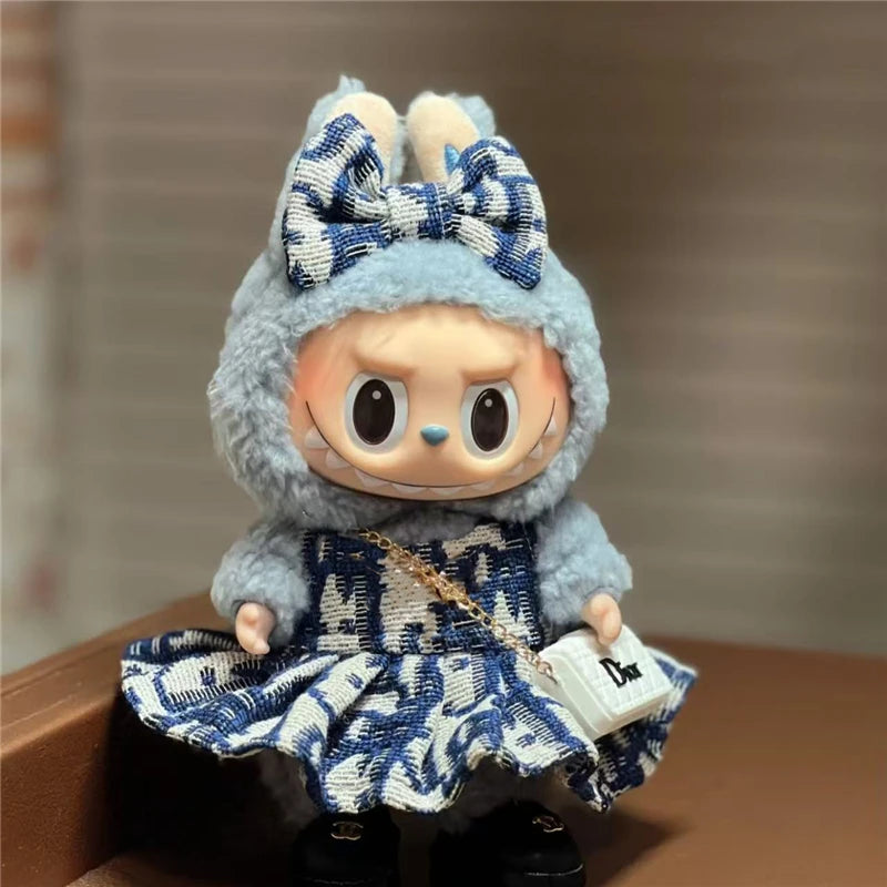 17cm For Labubu Doll Clothing Skirt Bowhair Accessory Set Retro Bib Pants Clothes Luxury Messenger Bag Shoes Set Sitting Party