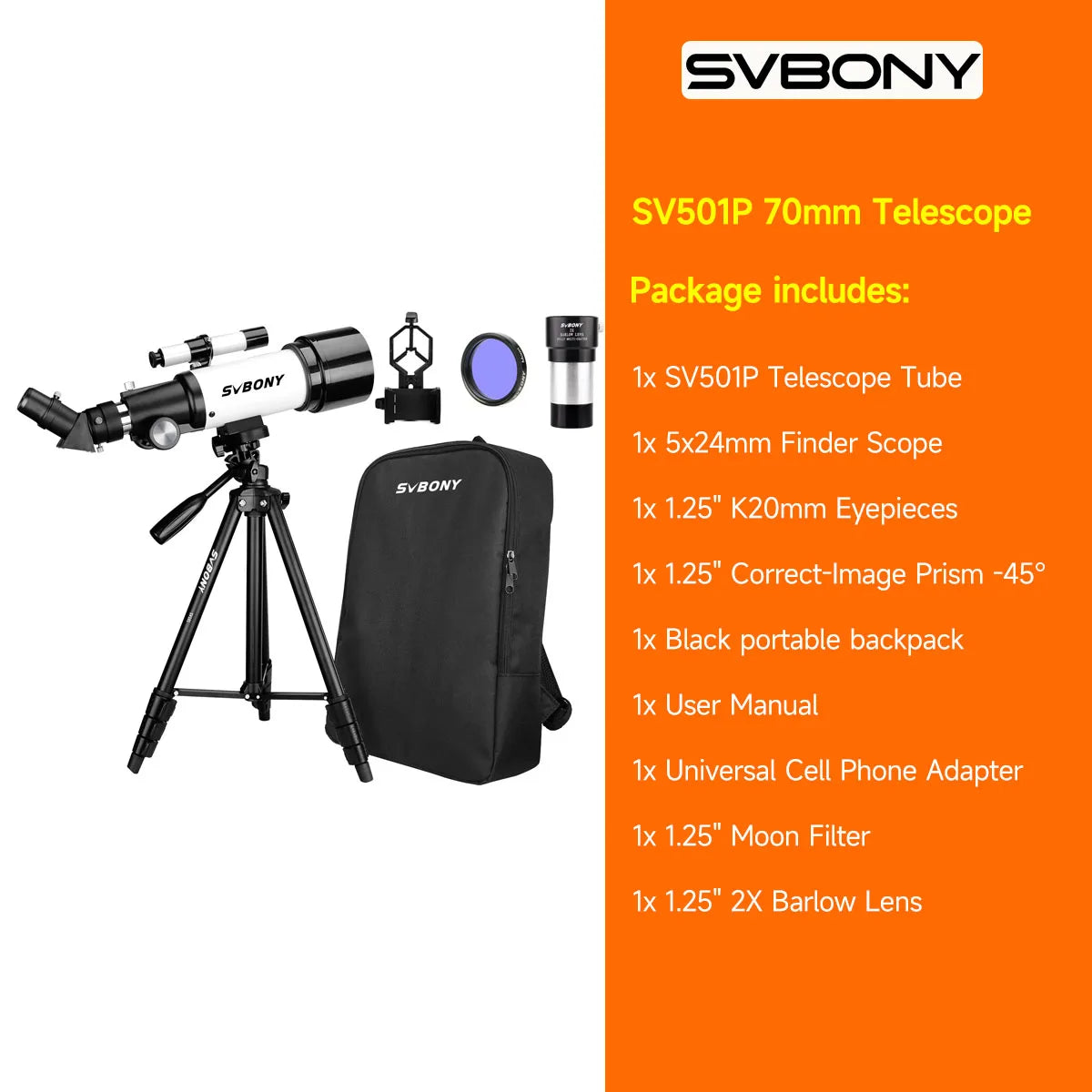 Svbony SV501P 60/70mm Astronomical Telescope Sets,for Planetary and Moon Observation,Gift for  Kids,Beginners and Students