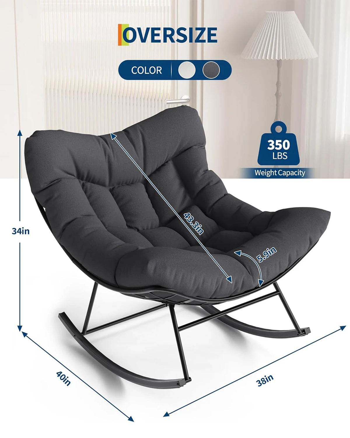 Oversized Outdoor Papasan Rocking Chair UV-Resistant PE Wicker Patio Egg Rocker With Sturdy Frame For Balcony Backyard Porch