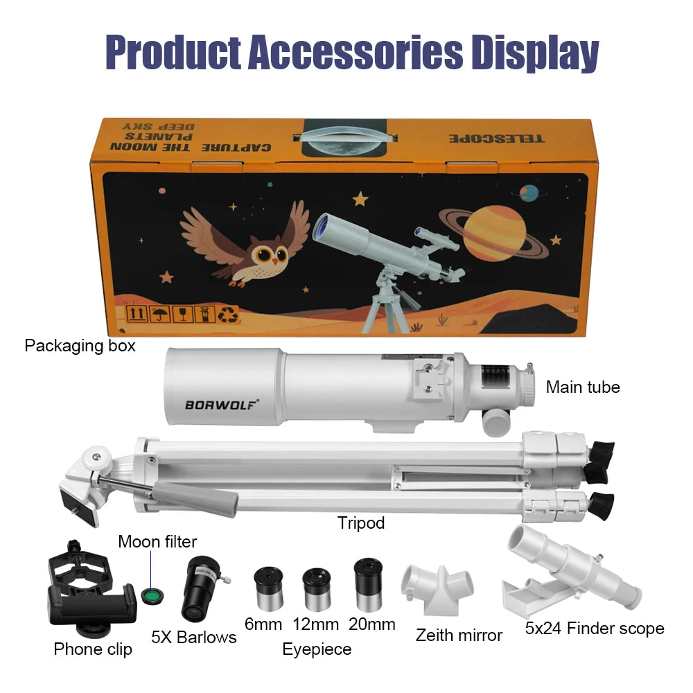 BORWOLF AZ70500 refracting astronomical telescope 70MM large aperture 25X-416X for observing the moon and planets