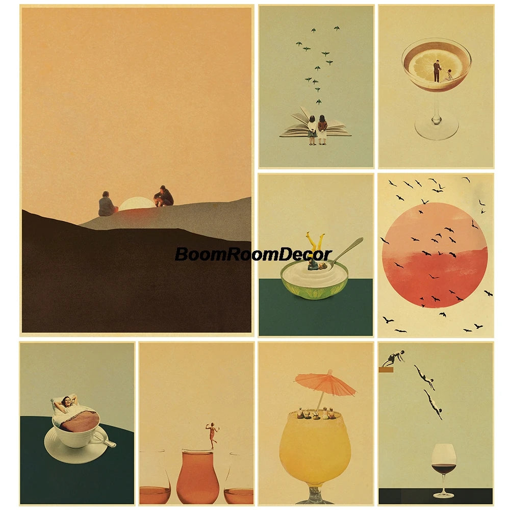 Retro Abstract Creative Poster Kraft Paper Nostalgia Canvas Prints Modern Landscape Coffee Bar Wall Art Posters Living Decor