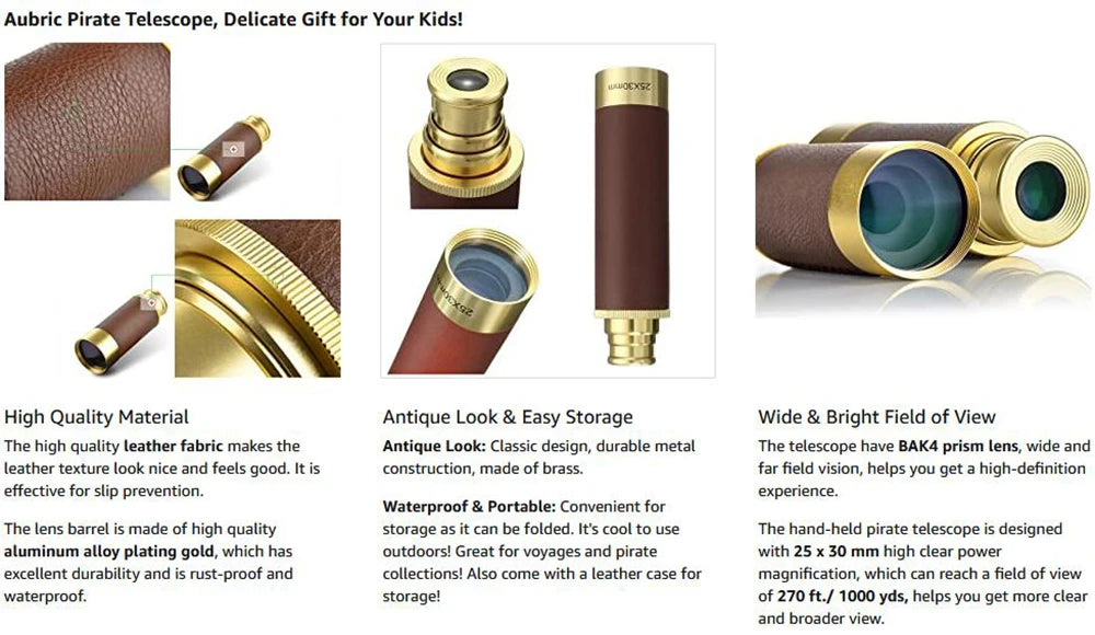 Pirate Monocular Telescope 25x30 High Powered Zoomable Collapsible Monocular Brass Spyglass Handheld for Hunting Hiking Travel