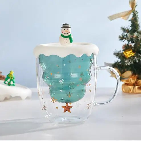 Christmas Tree Cup Transparent Double Heat Resistant Creative Couples Mug Snowflake Drinking Glass Children's Gift Coffee Cups