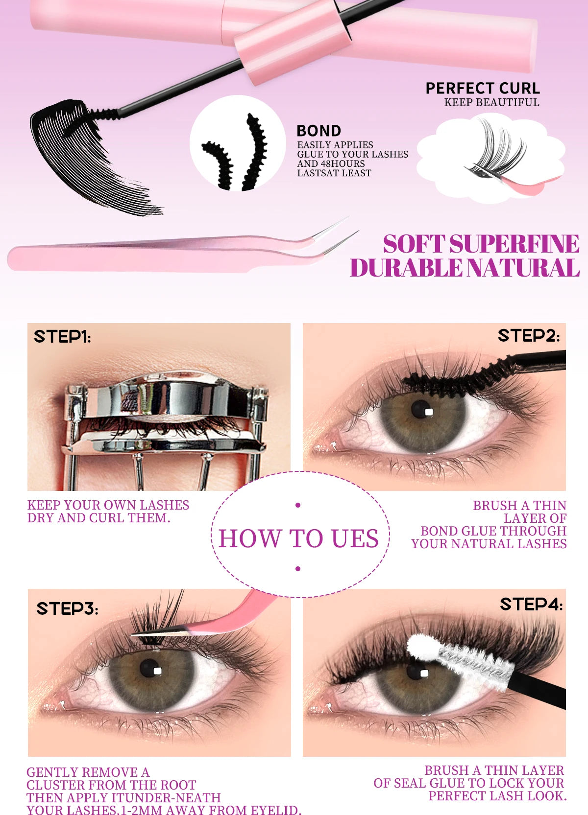 GROINNEYA DIY Lash Clusters Set Mixed Tray Lashes Kit Fluffy Individual Lashes Extension with Lash Bond and Seal At Home Makeup