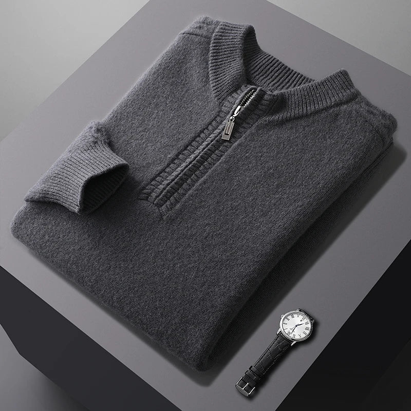 100% pure wool sweater round neck men's thick solid color long sleeved pullover sweater zipper wool knit winter cashmere sweater