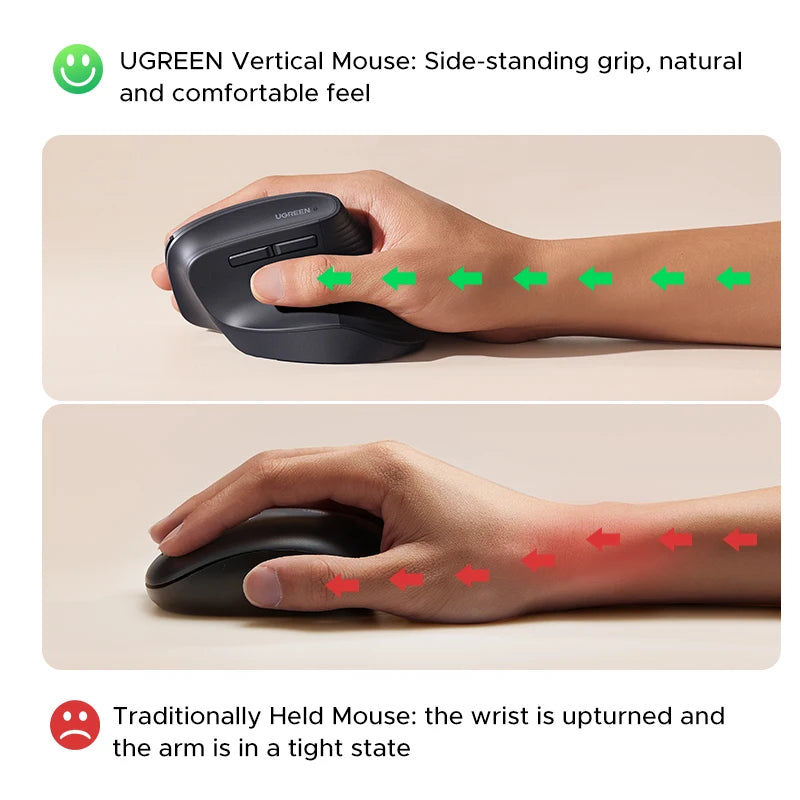 UGREEN Vertical Wireless Mouse 2.4G Ergonomic 4000DPI 6 Mute Buttons for MacBook Tablet Laptops Computer PC Mice Black Pink