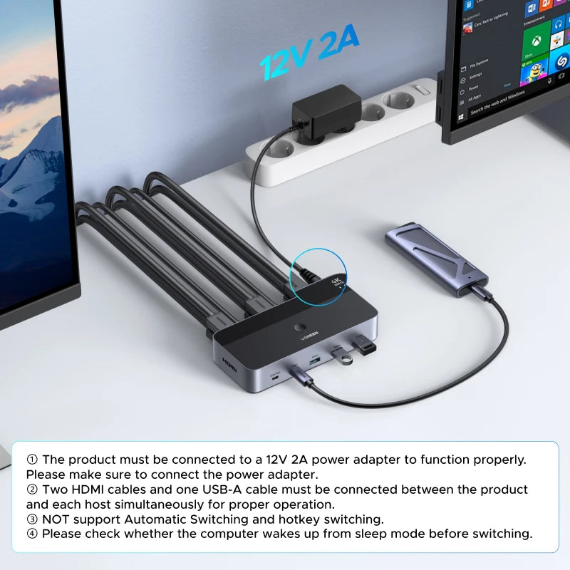 UGREEN HDMI KVM Switch for 2 Monitor 2 PCs 4K 60Hz USB C USB 3.0 Sharing Monitor Keyboard Mouse Printer with HDR 3D Support