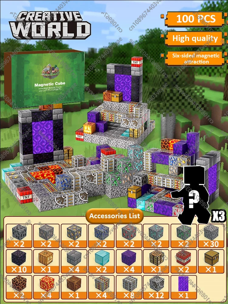 Magnetic Building Blocks Mine World Magnet Cube Set STEM Montessori Sensory Toy for Kids Boys Girls Ages 3+ DIY Model Children