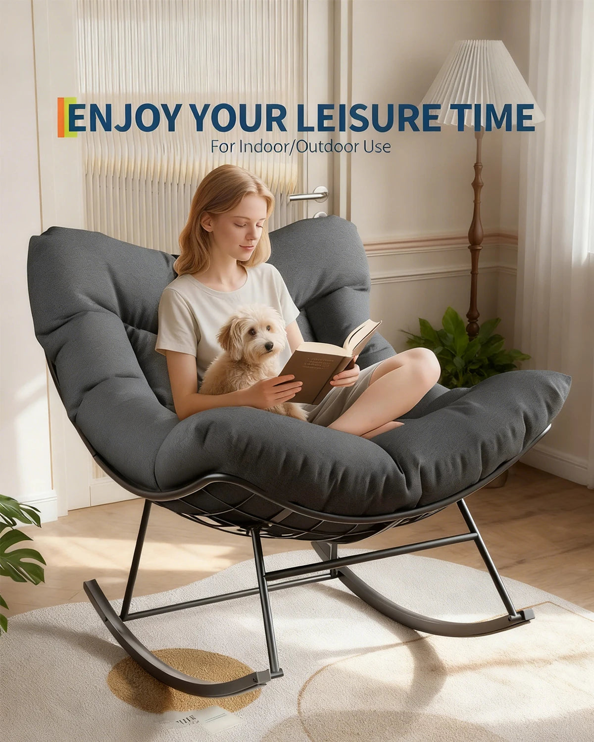 Oversized Outdoor Papasan Rocking Chair UV-Resistant PE Wicker Patio Egg Rocker With Sturdy Frame For Balcony Backyard Porch