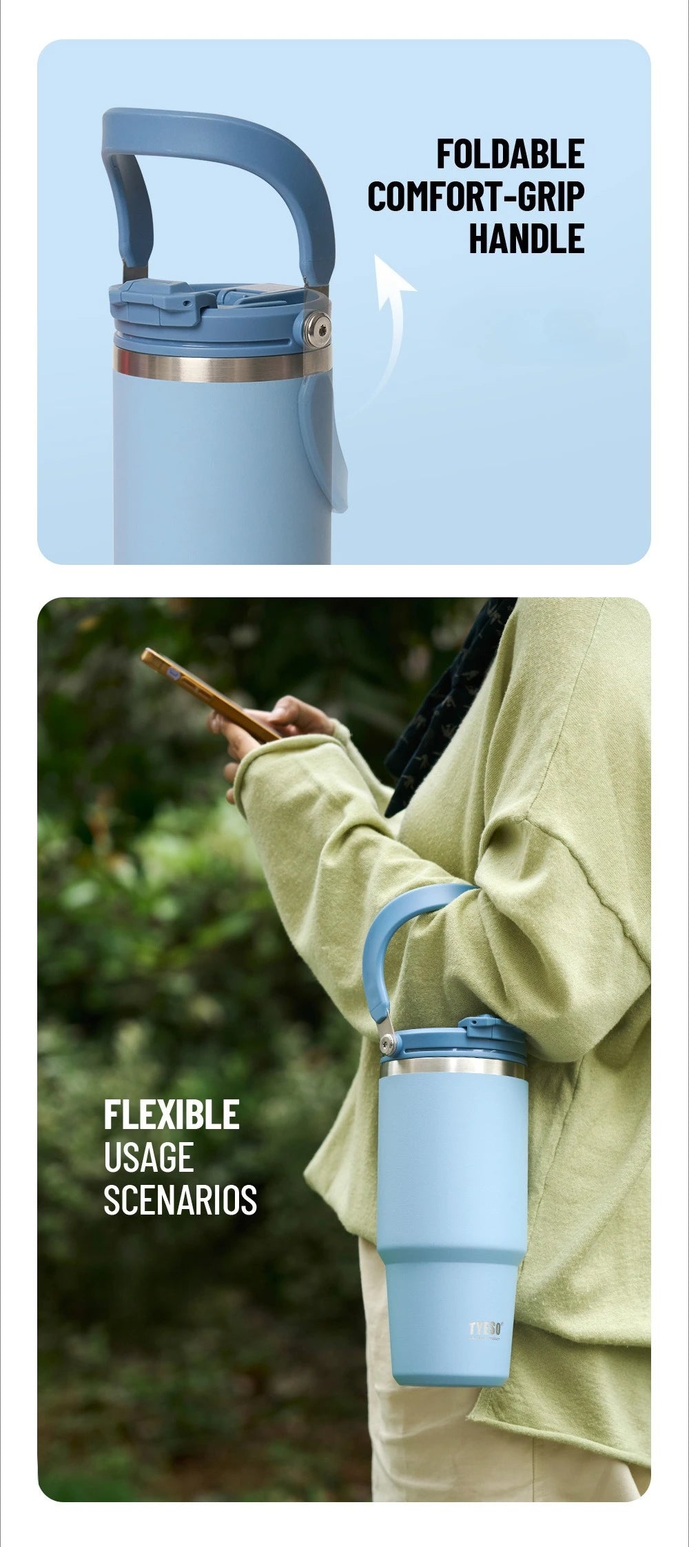 Tyeso Large-Capacity Vacuum Flasks Handle Vacuum Cup Dual-Drink Coffee Mug Stainless Steel Ice Cup Car Bottle Hot Cold Retention