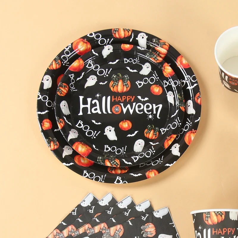 Halloween Disposable Tableware Pumpkin Ghost Boo Paper Plates Cups Napkins Kids Favor Happy Halloween Decoration Trick or Treat