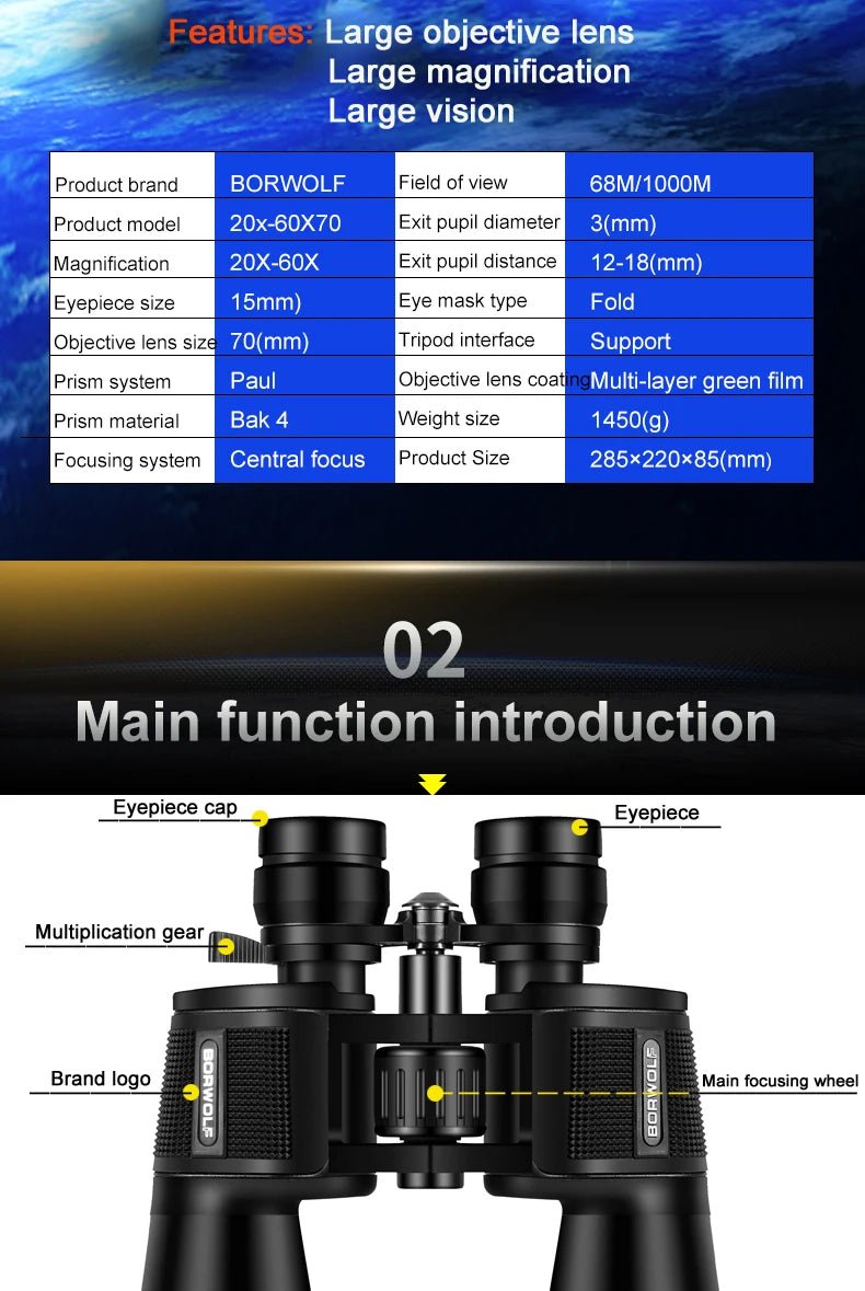 BORWOLF 20-60X70 Binoculars High Magnification  Long Range Zoom 60 Times  Hunting   Astronomical Telescope HD Professiona  Zoom