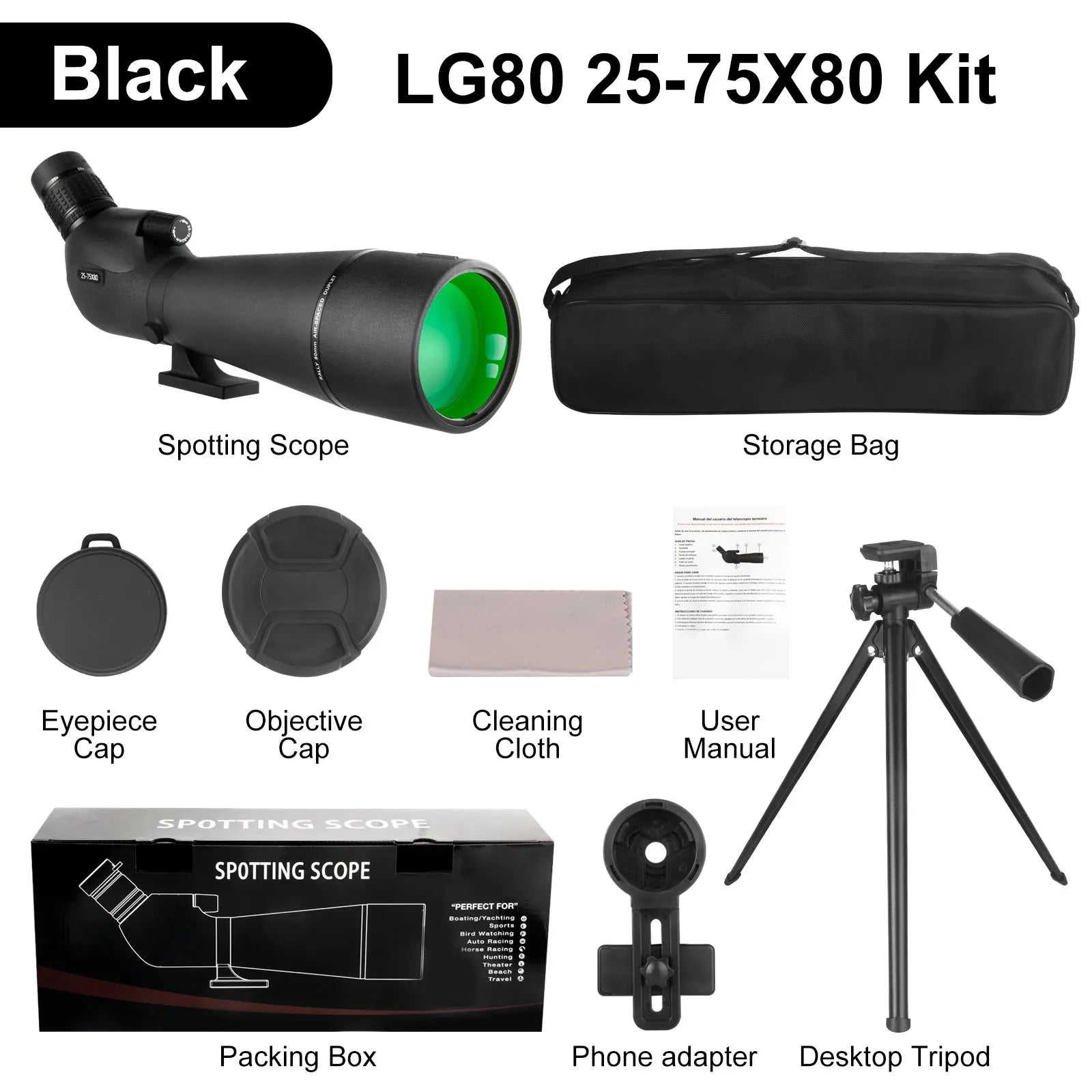 25-75x80 Telescope Spotting Scope Large Field Powerful Zoom Monocular With Phone Adapter Tripod For Bird Watching Camping