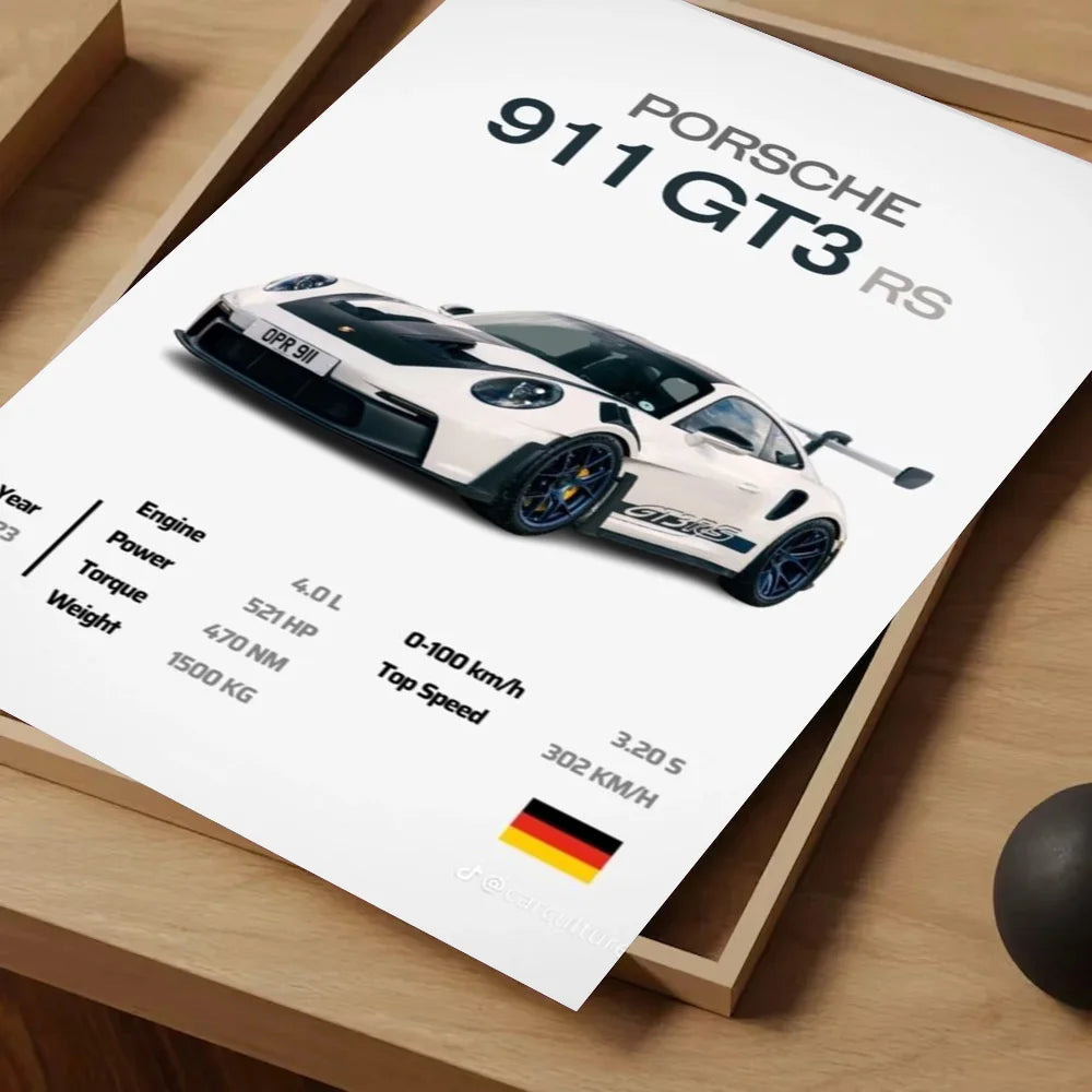 Porsche Cars Poster Self-adhesive Art Waterproof Paper Sticker Coffee House Bar Room Wall Decor