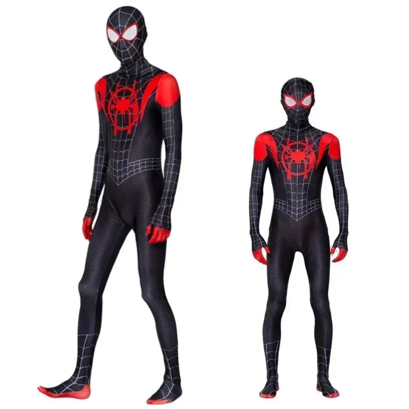 Superhero Spiderman Miles Morales Cosplay Costume Adult Kids Spider Man Halloween Jumpsuit Bodysuit Coat Party Dress Up Gift