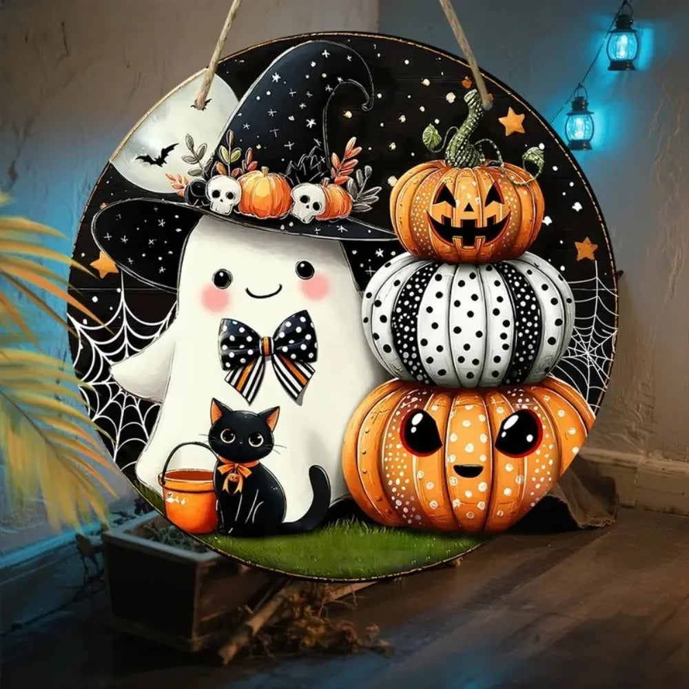 2D Halloween Circular Wooden Sign, Cute Ghost, Bat, Pumpkin Design, Suitable for Home, Room, Garden, Party Decoration, Gifts
