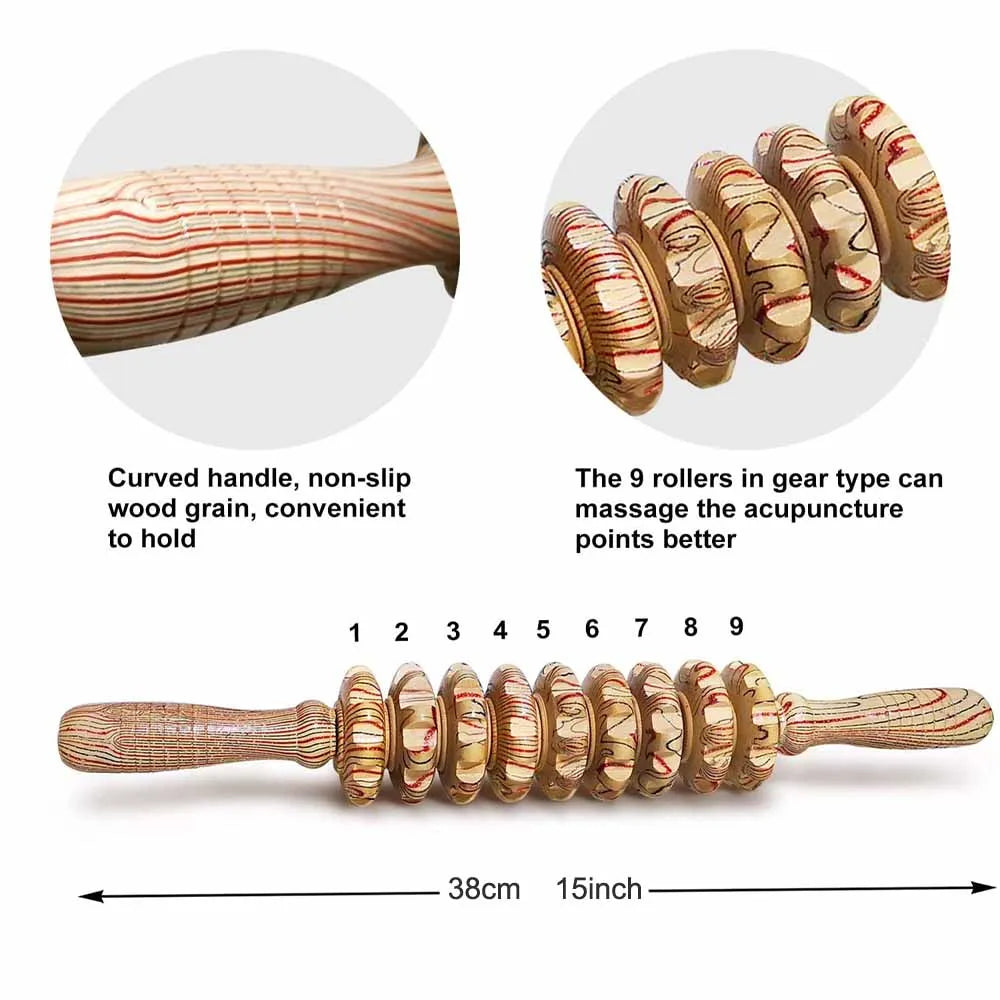 9 Rollers Wooden Handheld Massager Roller Stick for Trigger Point, Anti-Cellulite, Body Muscle Pain Relief