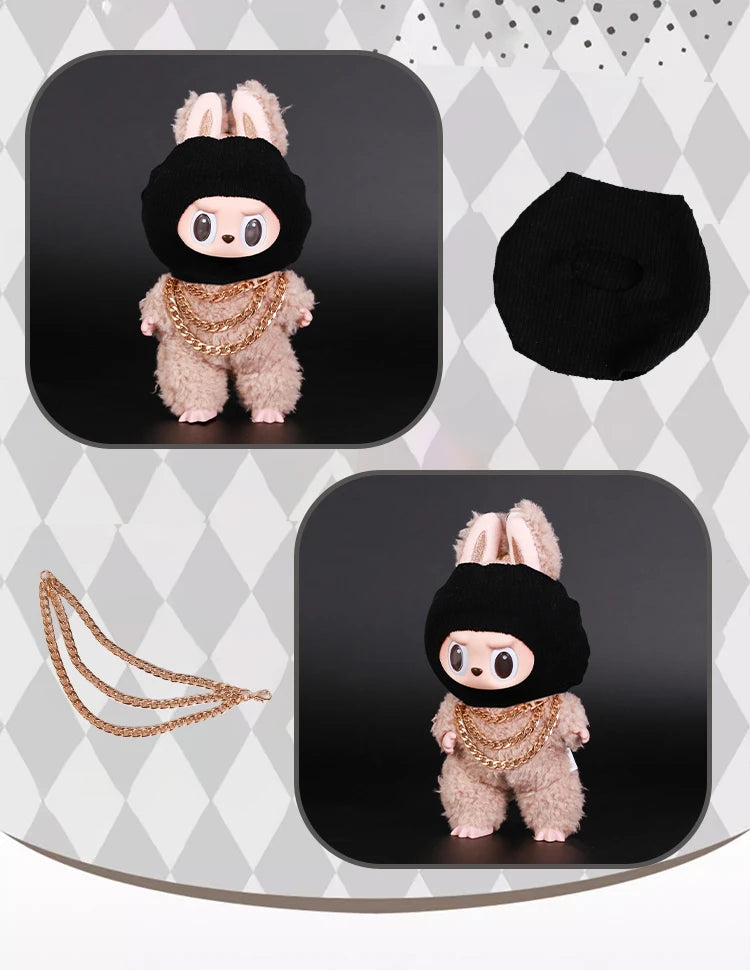 Luxury Tidal Current Labubu Black Hip Hop Mask Knitted Hat Accessories 3-Layer Big Gold Chain Street Fashion Doll Ornaments