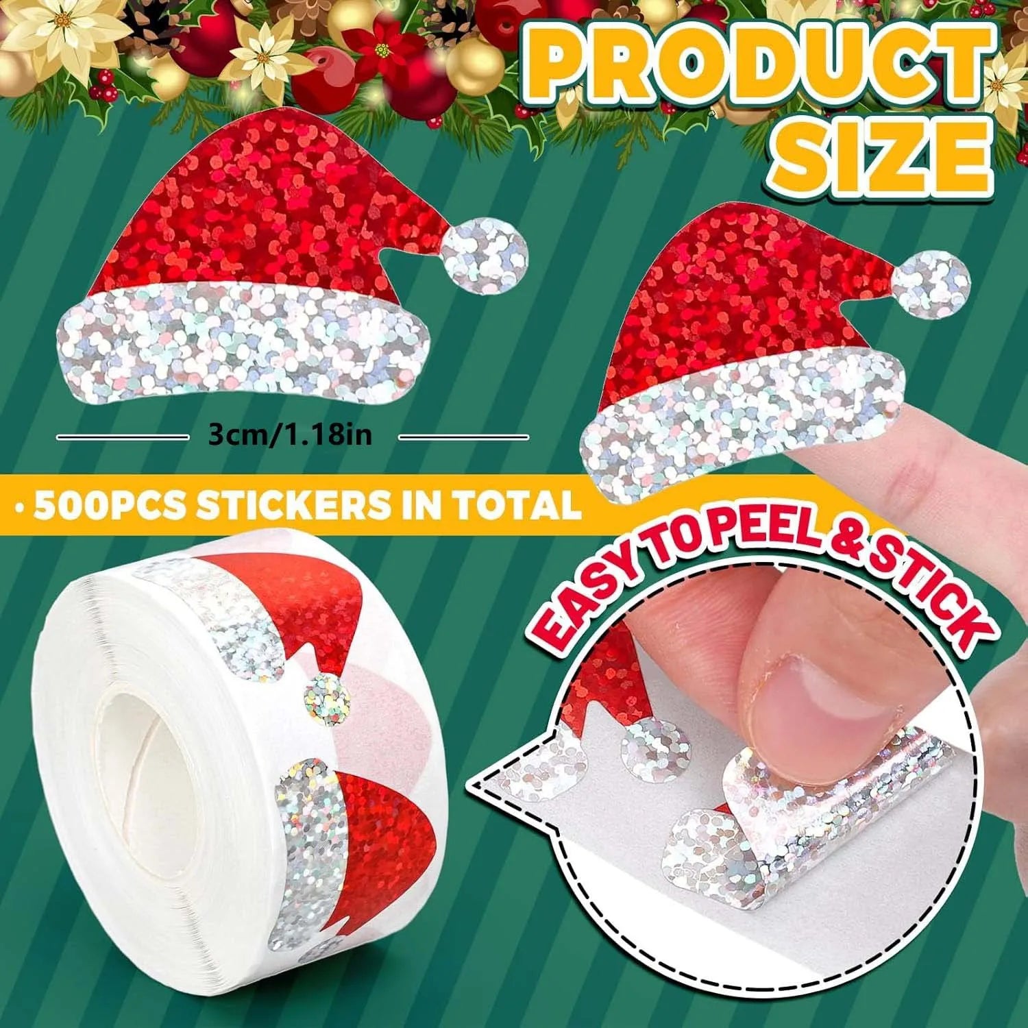 500Pcs Christmas Hat Stickers Roll Laser Red Santa Hat Seal Stickers Xmas Decals for Envelope Journal Decor Party Supplies,3cm