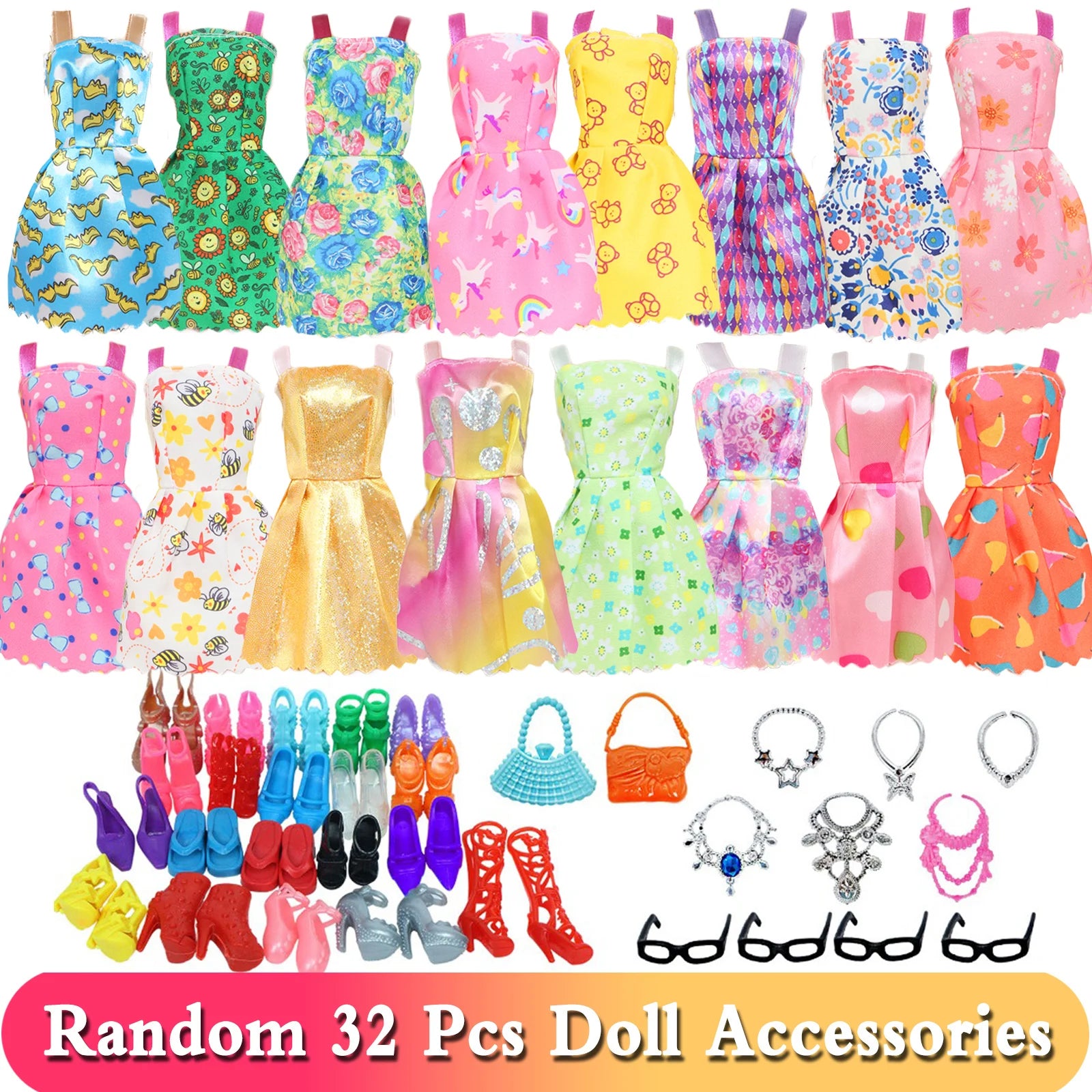 32 Item/Set Ba Doll Bie 11.5 inch Doll Accessories=10 Mix Dress+ 4 Glasses+ 6 Necklaces+2 Handbag+ 10 Shoes Clothes 11.8'' Doll