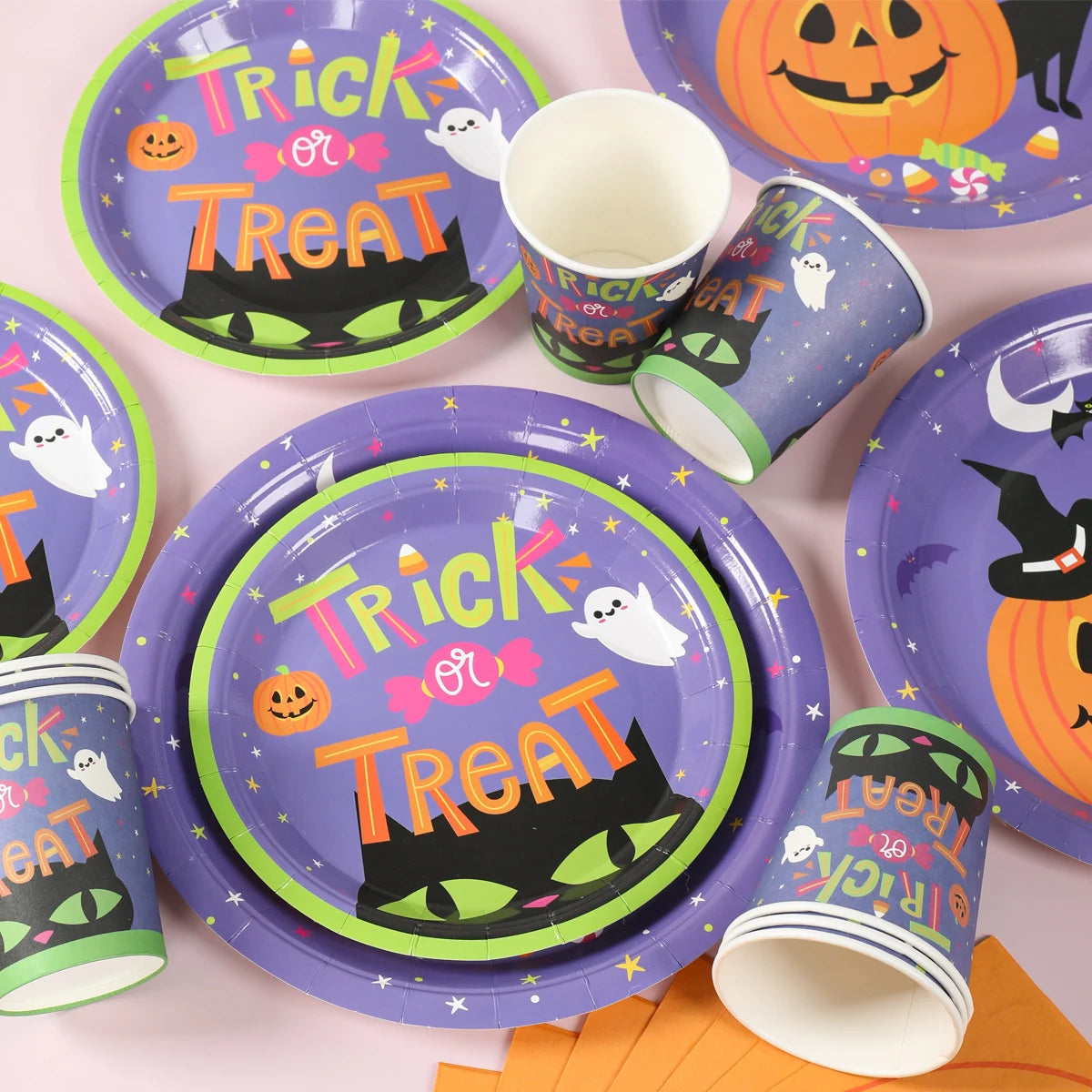 Halloween Pumpkin Black Cat Disposable Tableware Set Halloween Party Decor Kids Favors Trick or Treat  Paper Plates Cup Napkins