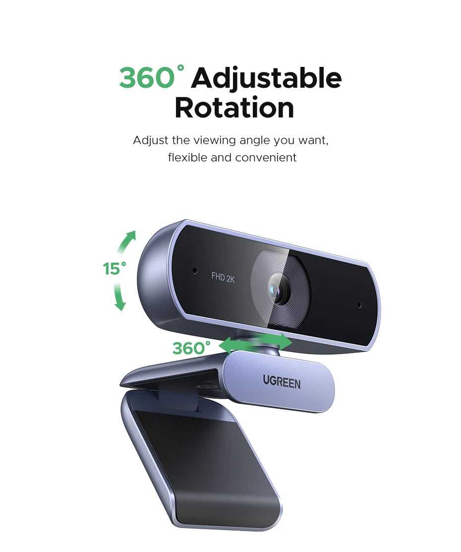 【RU】 UGREEN 2K Web cam with Microphone, Full HD 2K, Auto Light Correction, Video Webcam for Streaming