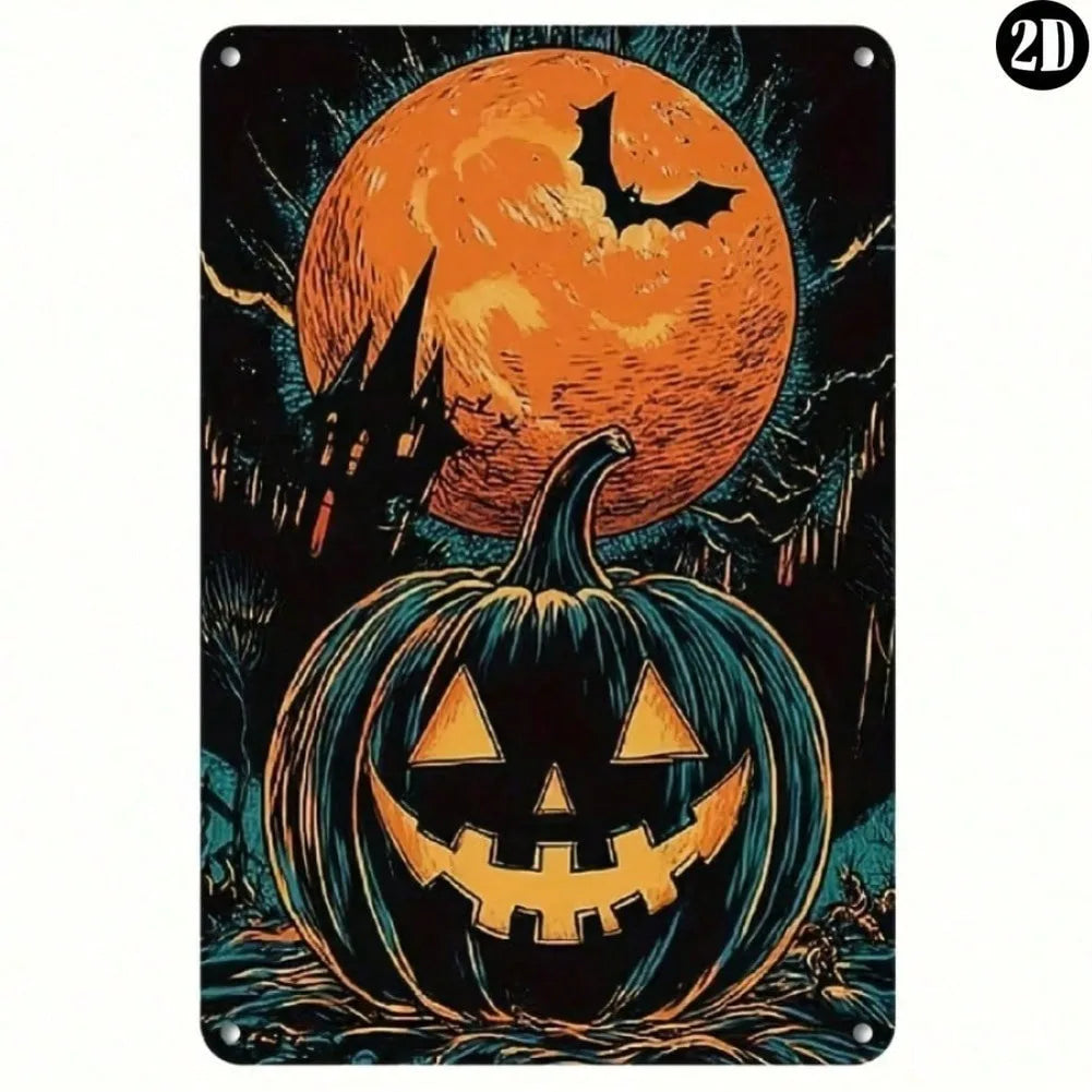 1pc Retro Halloween Metal Sign - Pumpkin Lantern/Ghost Castle Artwork, Horror Theme (Moon+Bats), Durable Decor for Bar Cafe