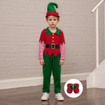 Christmas Elf Costume Clothes Boys Red and Green Patchwork Tops+Pants+Hats+Belt+Socks Cosplay Party Outfits