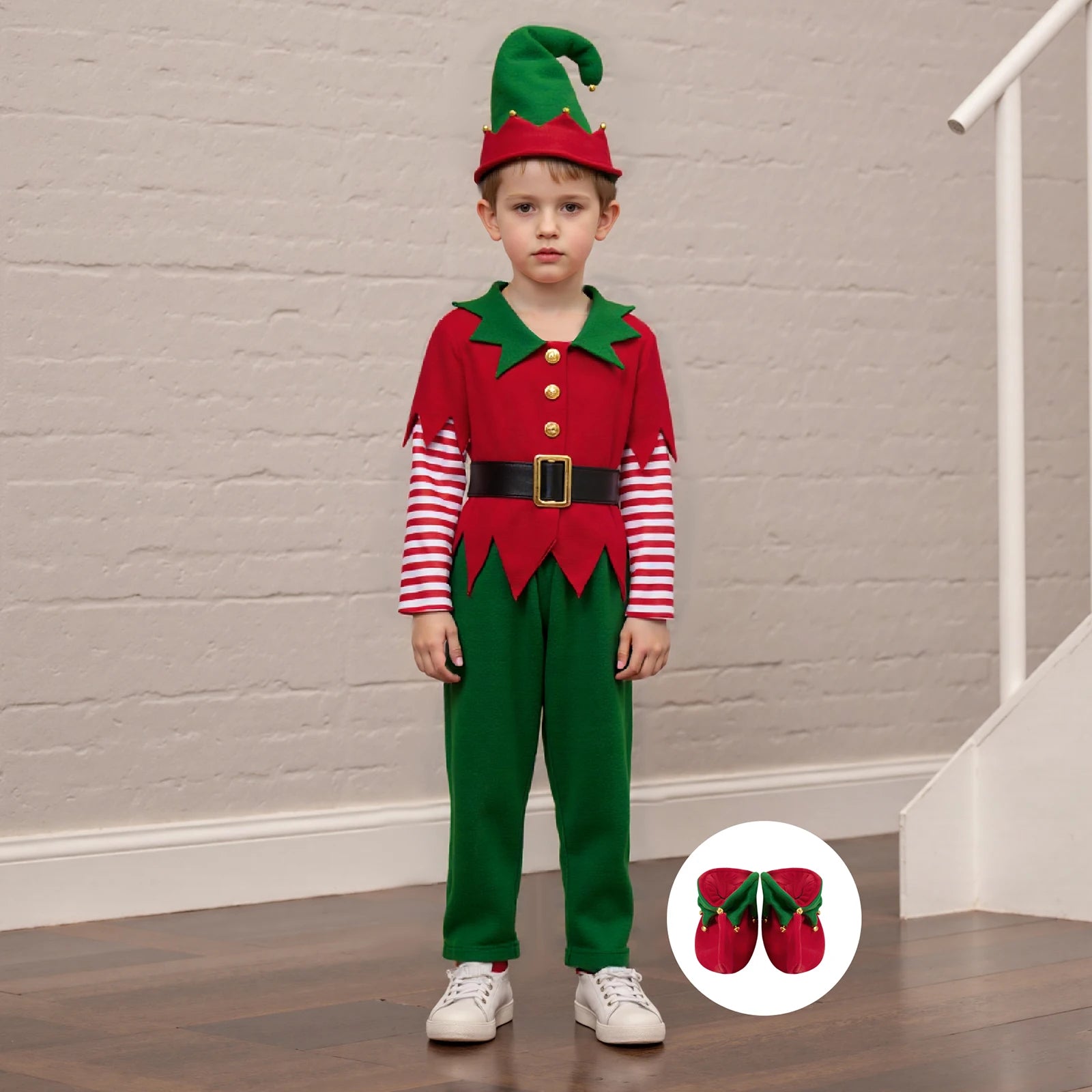 Christmas Elf Costume Clothes Boys Red and Green Patchwork Tops+Pants+Hats+Belt+Socks Cosplay Party Outfits